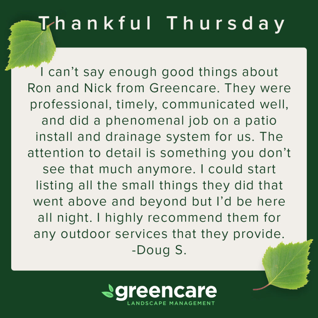 I can't say enough good things about Ron & Nick from Greencare. They were professional, timely, communicated well, and did a phenomenal job on a patio install and drainage system for us. The attention to detail is something you don't see that much anymore. I could start listing all the small things they did that went above and beyond but I'd be here all night. I highly recommend them for any outdoor services that they provide. - Review from Doug S.